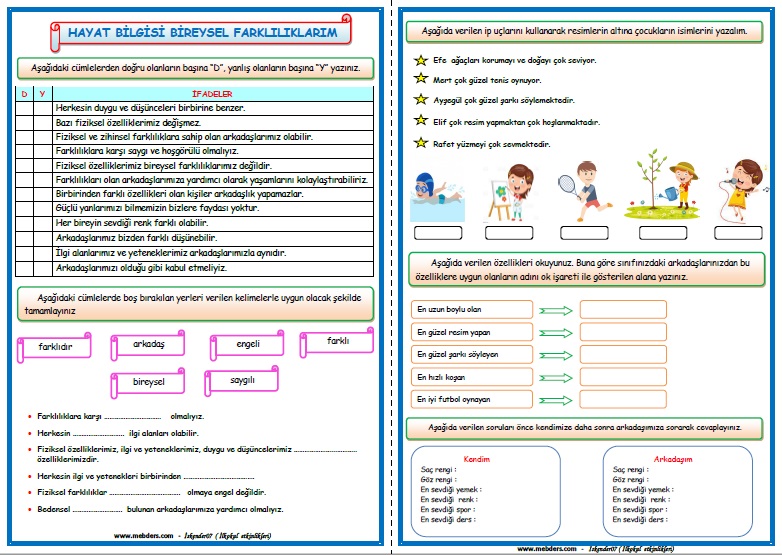 2.Sınıf Hayat Bilgisi Bireysel Farklılıklarımız Etkinlik Çalışması  (2 Sayfa)