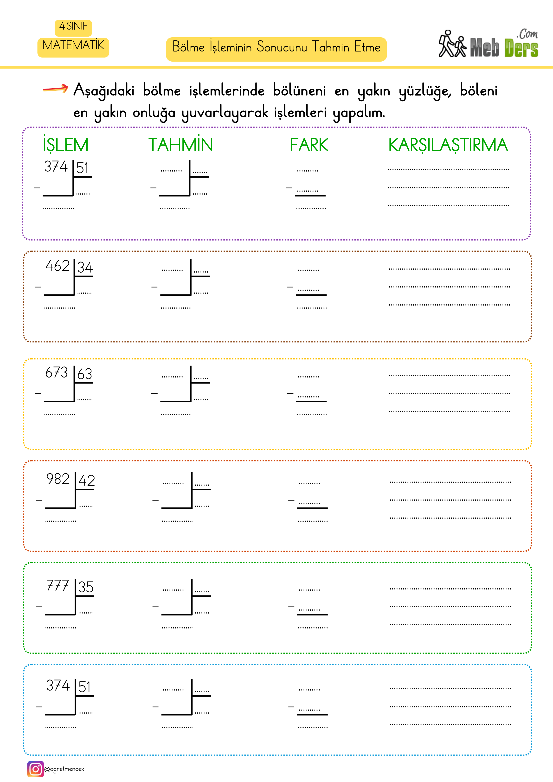 4. Sınıf Matematik Bölme İşleminin Sonucunu Tahmin Etme Çalışma Sayfası