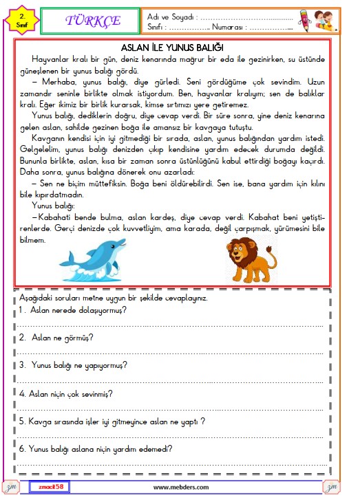 2. Sınıf Türkçe Okuma ve Anlama Metni Etkinliği (Aslan ile Yunus Balığı)