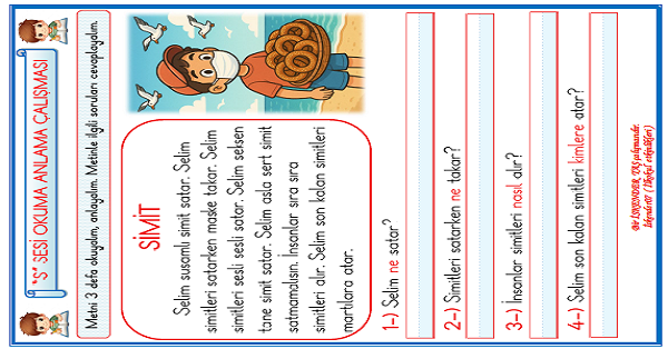 1. Sınıf İlk Okuma Yazma S Sesi Okuma Anlama Metin Çalışması