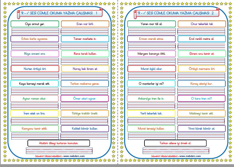 1.Sınıf R-r Sesi Cümle Okuma Yazma Çalışması  (2 SAYFA - 34 Farklı Cümle)