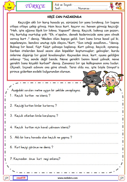 3. Sınıf Türkçe Okuma ve Anlama Metni Etkinliği (Keçi Can Pazarında)