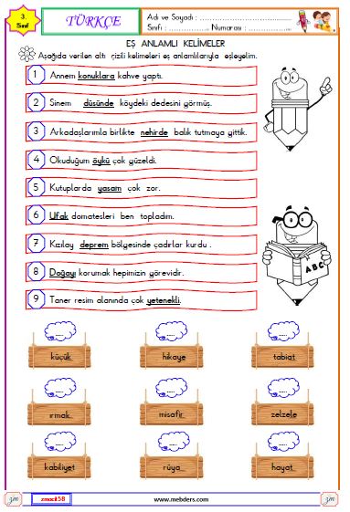 3. Sınıf Türkçe Eş Anlamlı Kelimeler Etkinliği