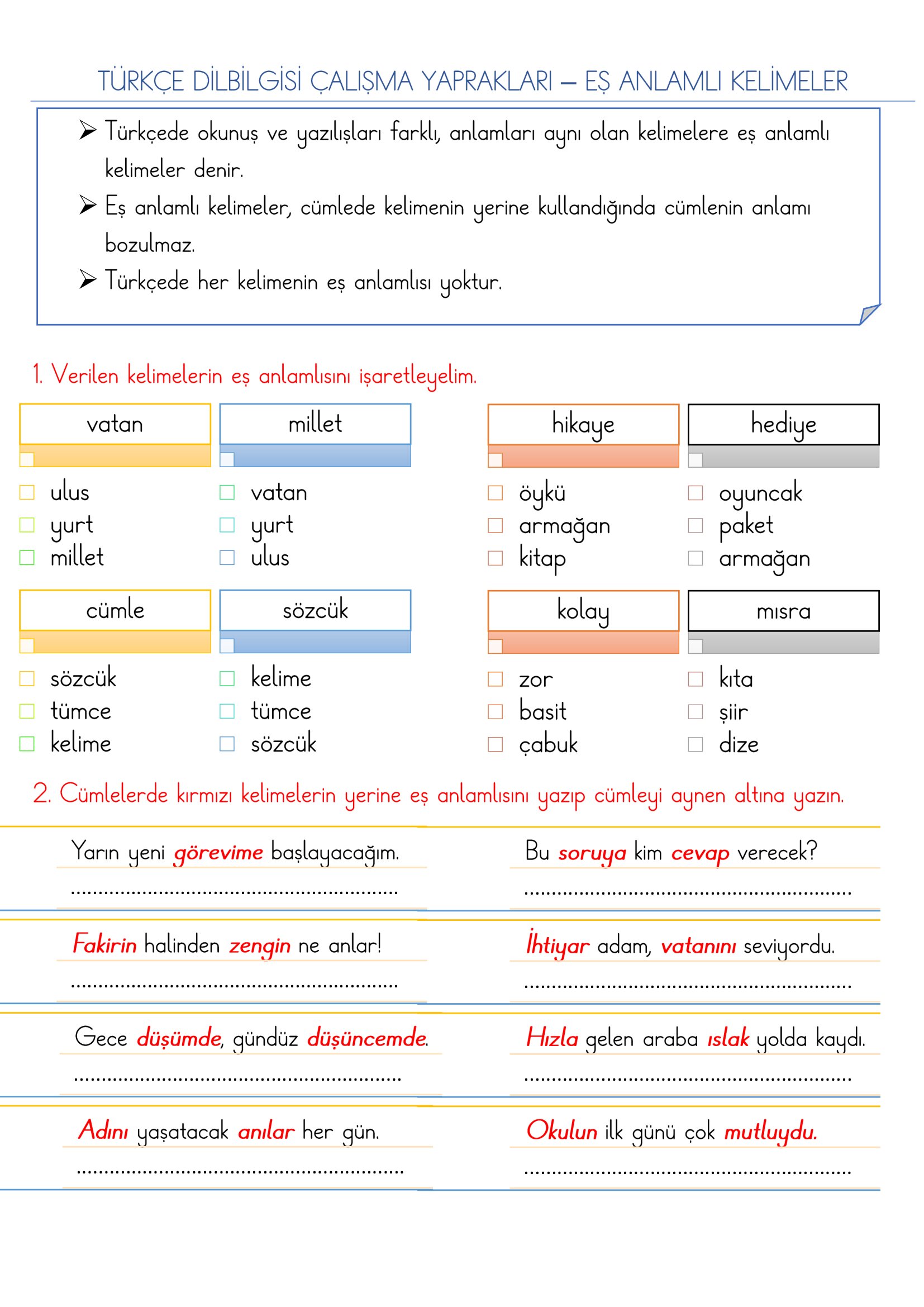 3.Sınıf Türkçe Dilbilgisi Çalışma Yaprakları- Eş Anlamlı Kelimeler