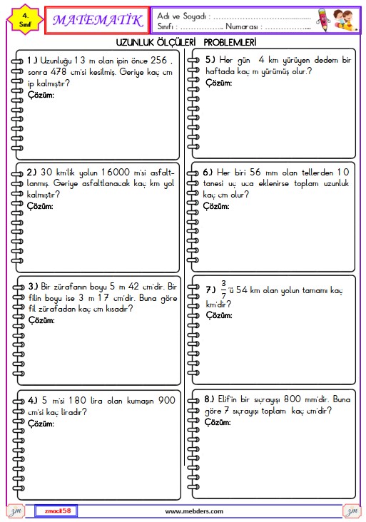 4. Sınıf Matematik Uzunluk Ölçme Problemleri Etkinliği 2