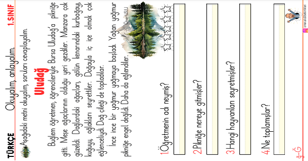 1. Sınıf İlk Okuma Yazma Ğ-ğ Sesi Okuma Anlama Etkinliği