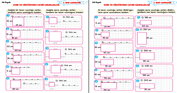 4. Sınıf Matematik Kare ve Dikdörtgenin Çevre Uzunlukları Etkinlik Çalışması