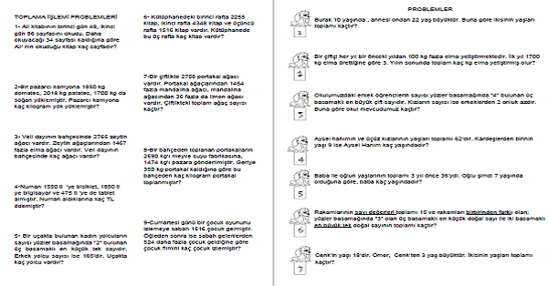 4. Sınıf Matematik Toplama İşlemi Problemleri 2 Sayfa