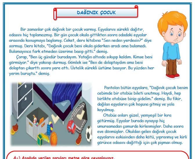 2.Sınıf Türkçe Dağınık Çocuk Okuma Anlama Metin Çalışması