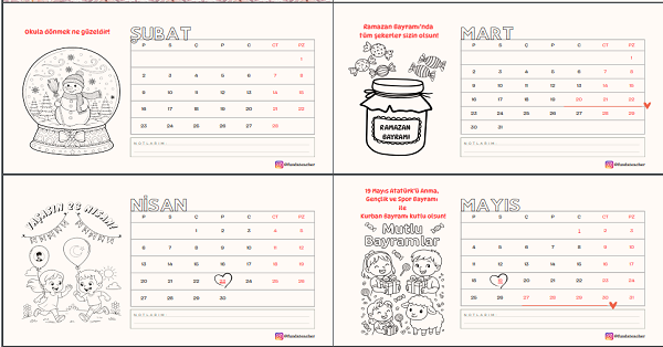 2026 Boyamalı Takvim (12 Ay Farklı Görseller)