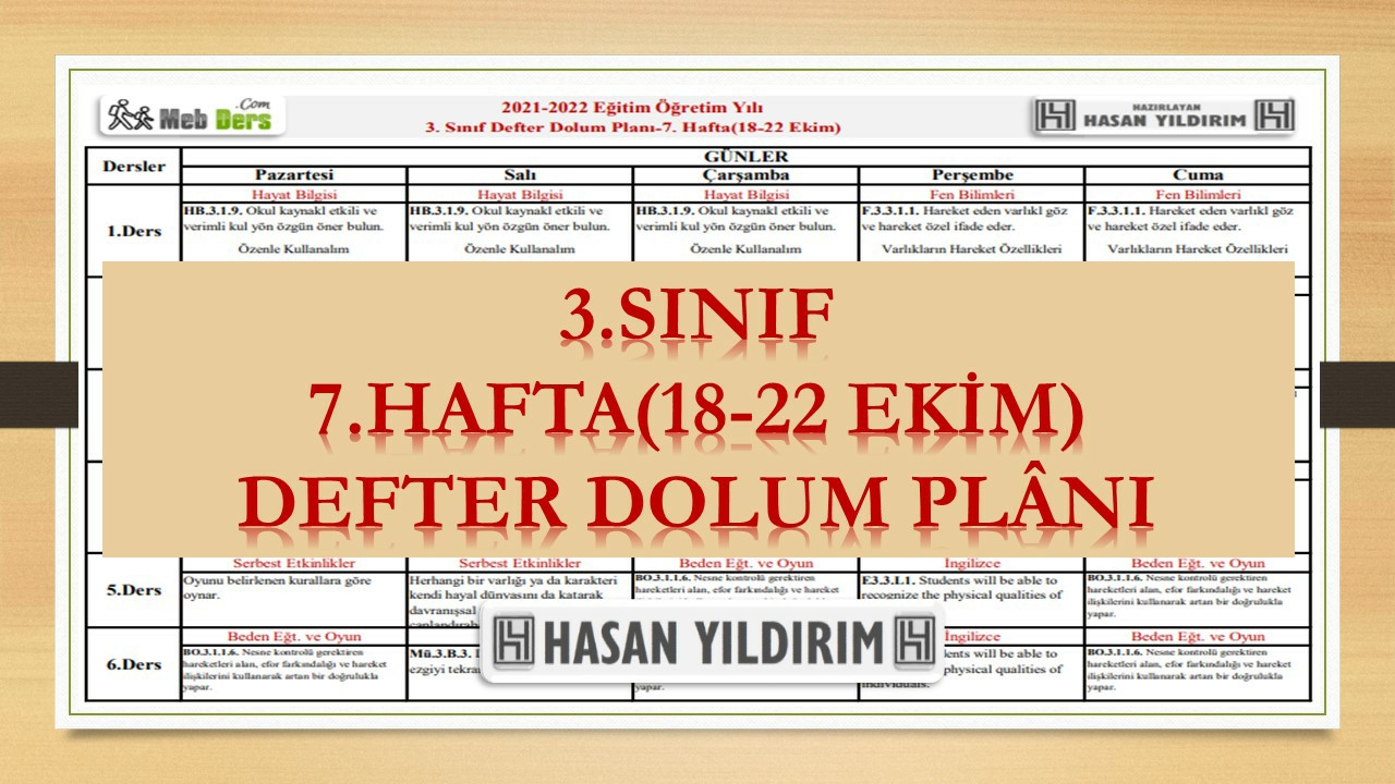 3.Sınıf 7.Hafta(18-22 Ekim) Defter Dolum Planı