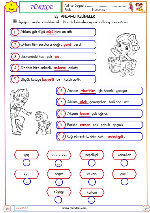 2. Sınıf Türkçe Eş Anlamlı Kelimeler Etkinliği