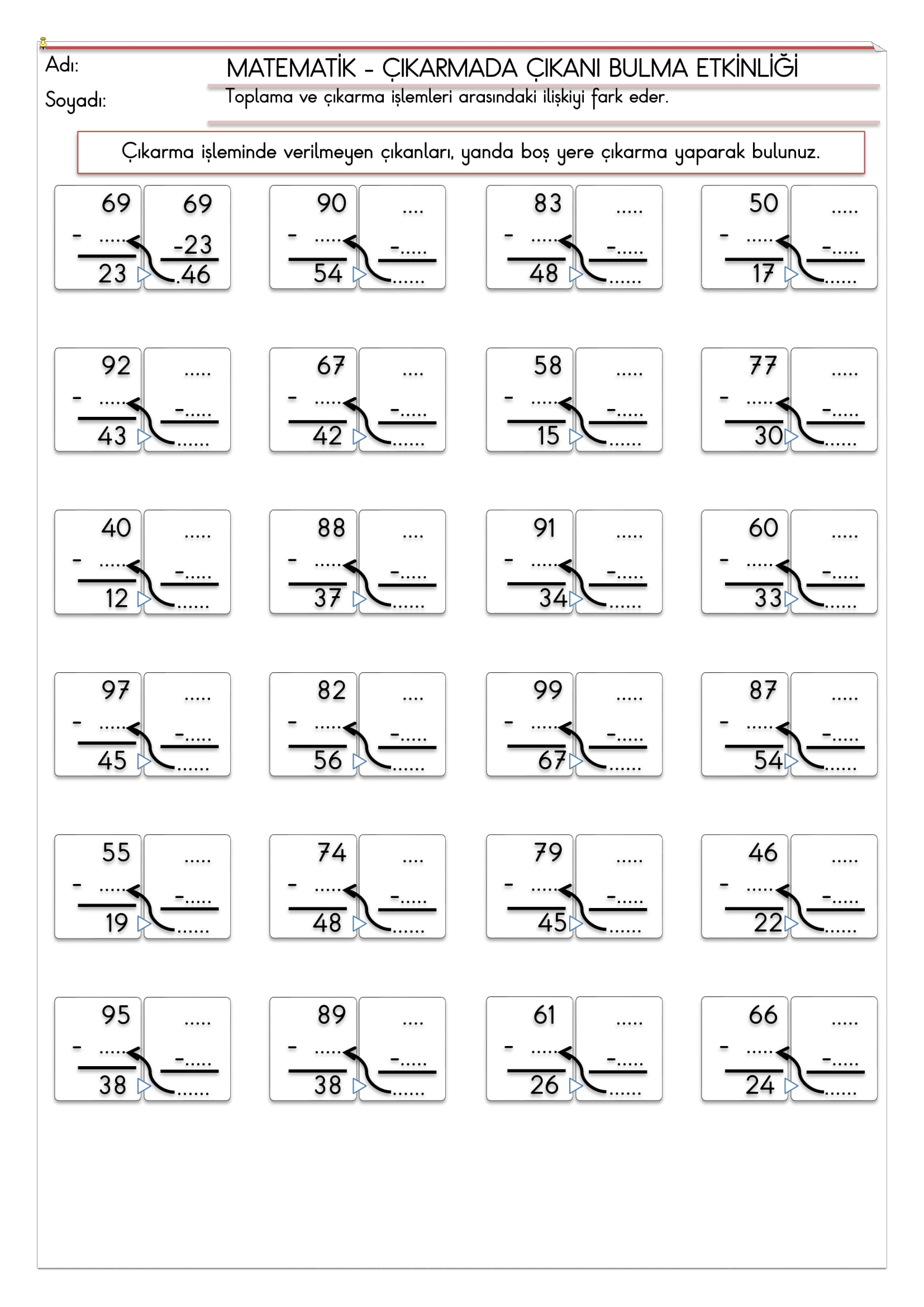 2.Sınıf - Matematik - Çıkarmada Çıkanı Bulma Etkinliği-1