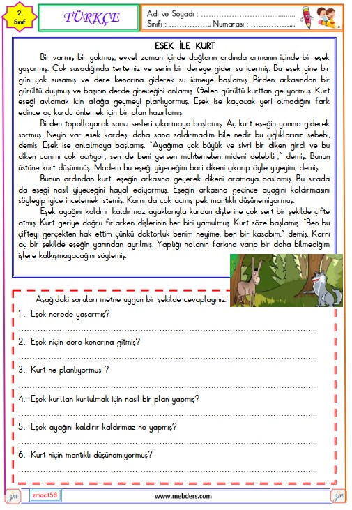 2. Sınıf Türkçe Okuma ve Anlama Metni Etkinliği (Kurt ile Eşek)