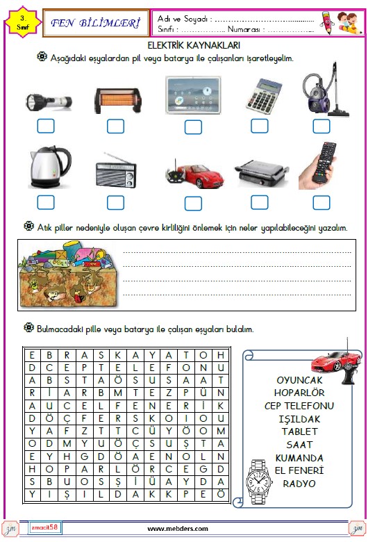 3. Sınıf Fen Bilimleri Elektrik Kaynaklarını Tanıyalım Etkinliği 2