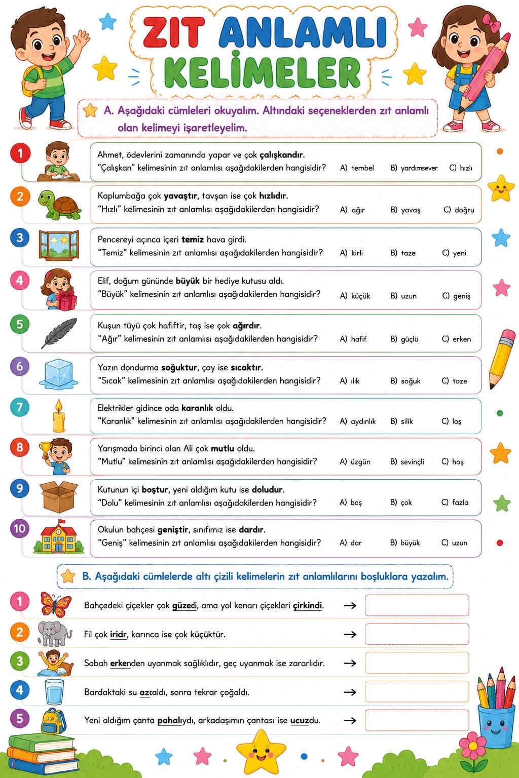 1. Sınıf Zıt Anlamlı Kelimeler