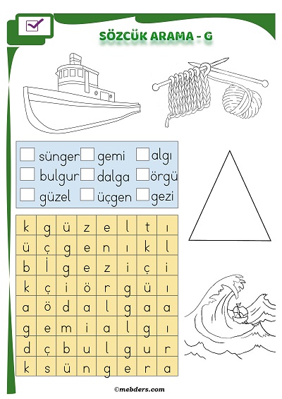 1.Sınıf İlkokuma Boyamalı Sözcük Arama Etkinliği - G Sesi