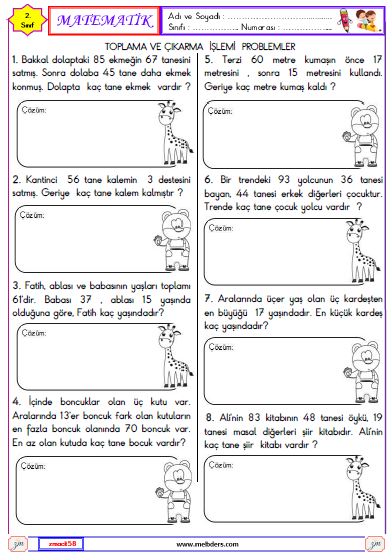 2. Sınıf Matematik Toplama ve Çıkarma İşlemi İle İlgili Problemler Etkinliği 4