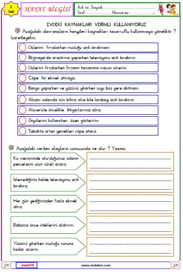 3. Sınıf Hayat Bilgisi Evde Tasarruf Etkinliği