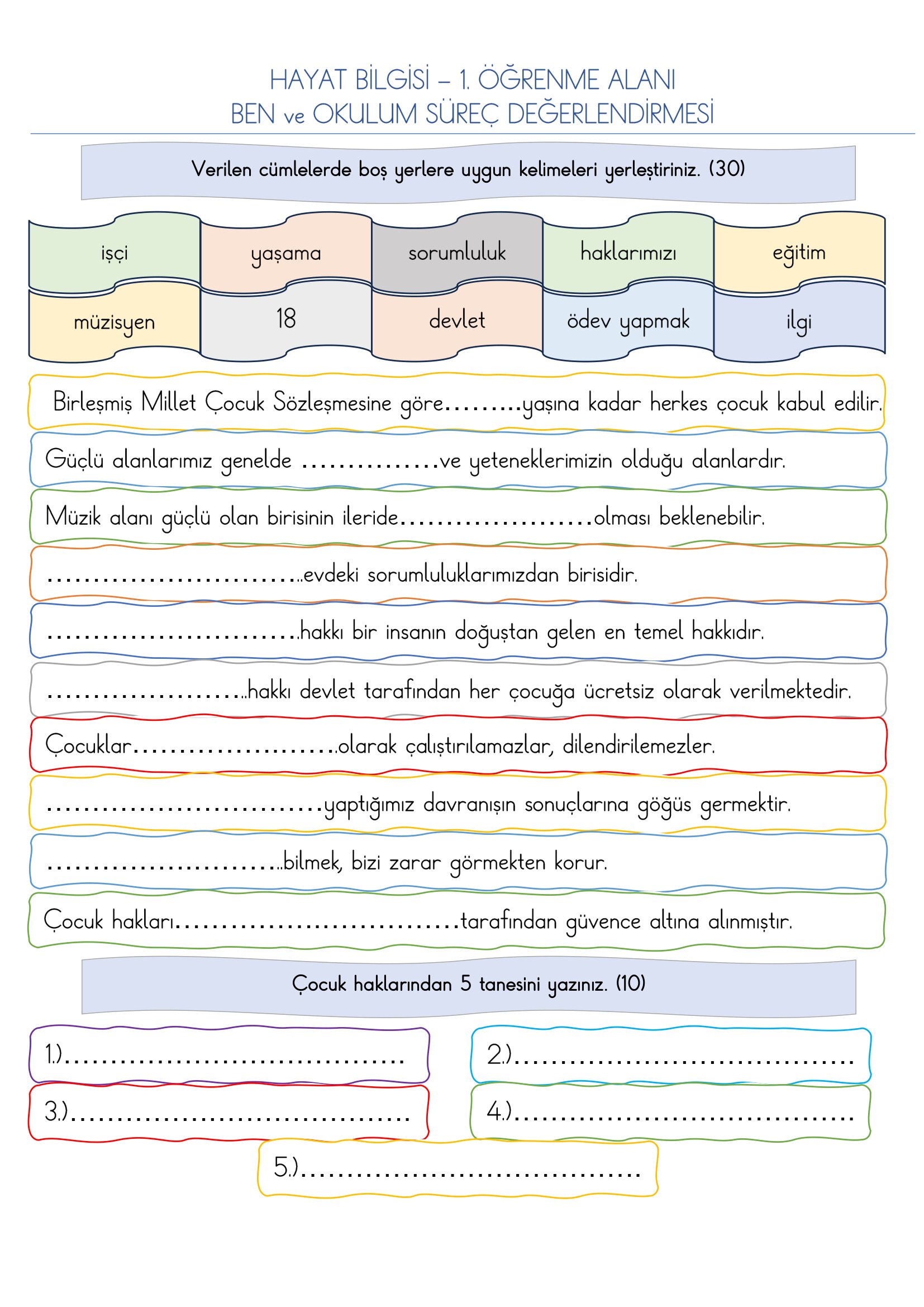 3.Sınıf Hayat Bilgisi 1. Öğrenim Alanı Süreç Değerlendirmesi