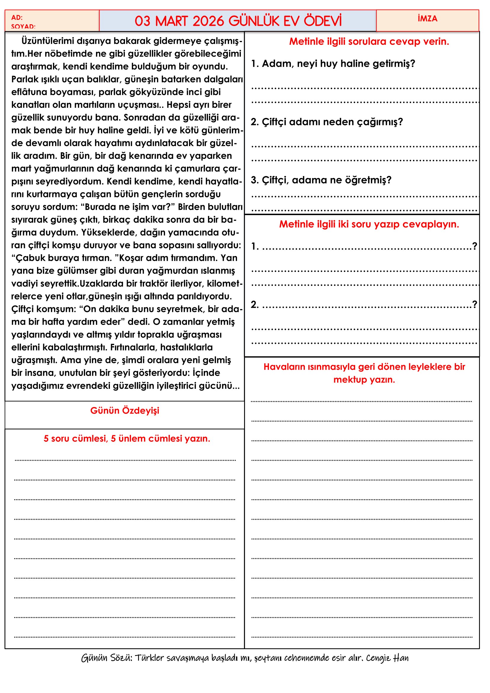 4.Sınıf - 03 Mart 2026 Günlük Ev Ödevleri