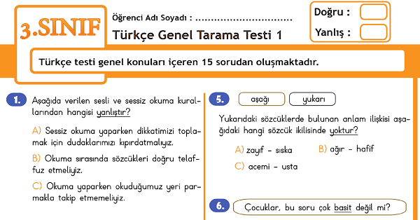 3.Sınıf Türkçe Genel Tarama Testi