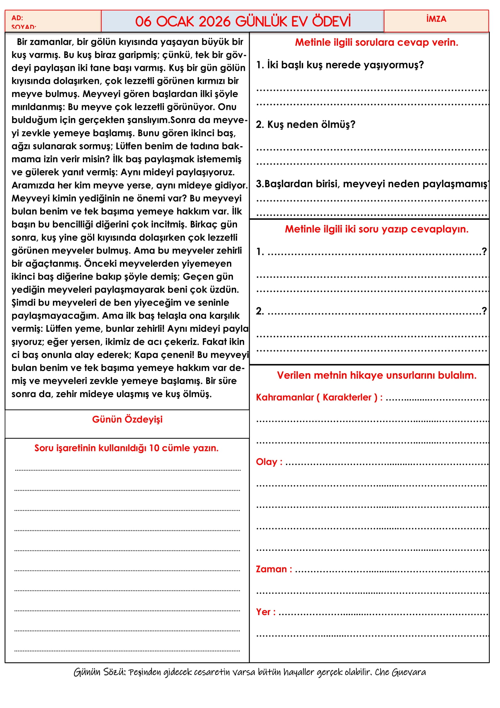 4.Sınıf - 06 Ocak 2026 Günlük Ev Ödevleri