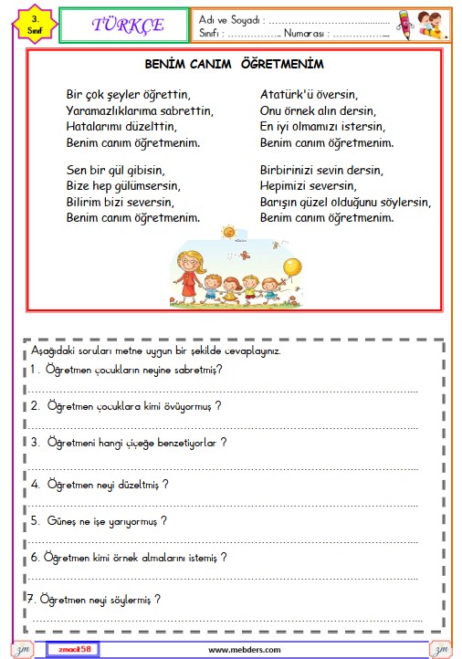 3. Sınıf Türkçe Okuma ve Anlama Etkinliği (Benim Canım Öğretmenim)