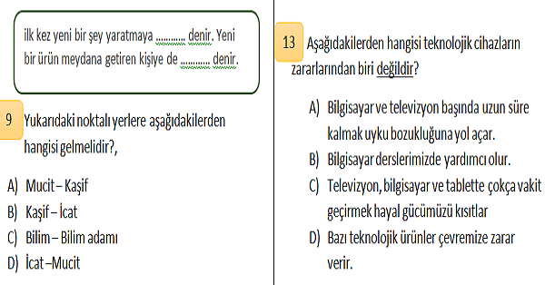 4.Sınıf Sosyal Bilgiler Bilim, Teknoloji ve Toplum Ünite Değerlendirmesi