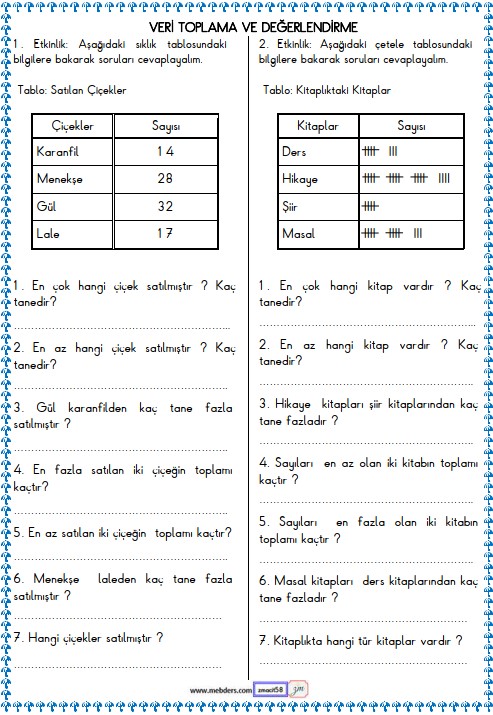 2. Sınıf Matematik Veri Toplama ve Değerlendirme , Tablo Etkinliği 20