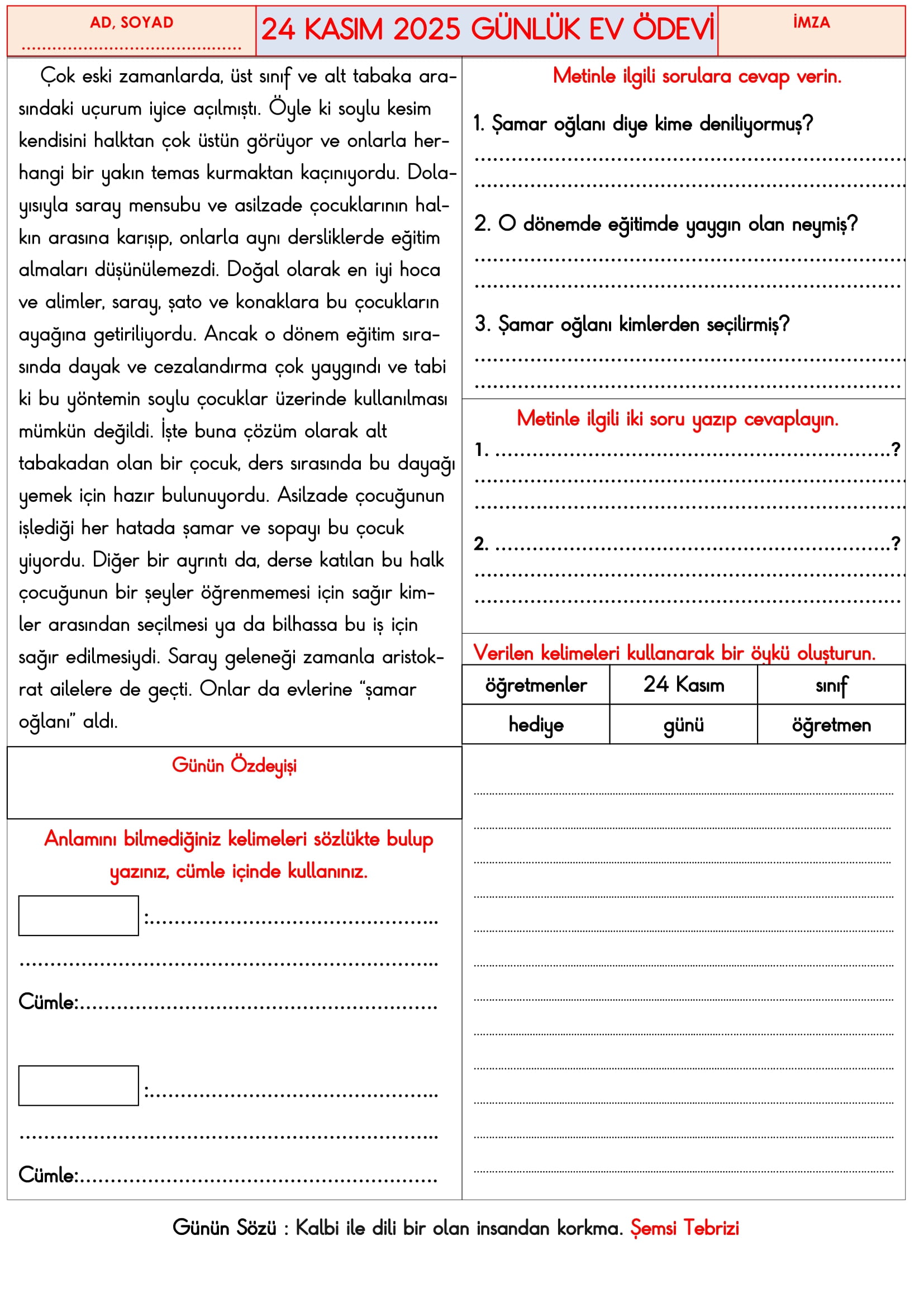 3.Sınıf - 24 Kasım 2025 Günlük Ev Ödevleri