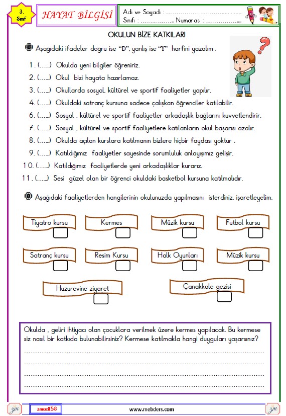 3. Sınıf Hayat Bilgisi Okulun Bize Katkıları Etkinliği