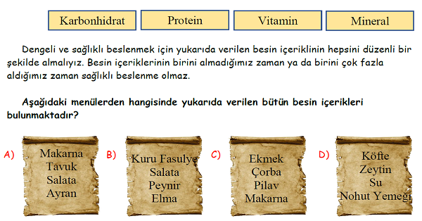 4.Sınıf Fen Bilimleri Besinlerimiz Yeni Nesil Sorular