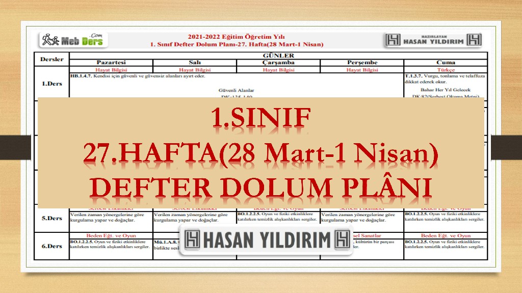 1.Sınıf 27.Hafta(28 Mart-1 Nisan) Defter Dolum Planı