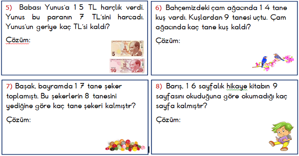 1.Sınıf Matematik Çıkarma İşlemi ile İlgili Problemler 1