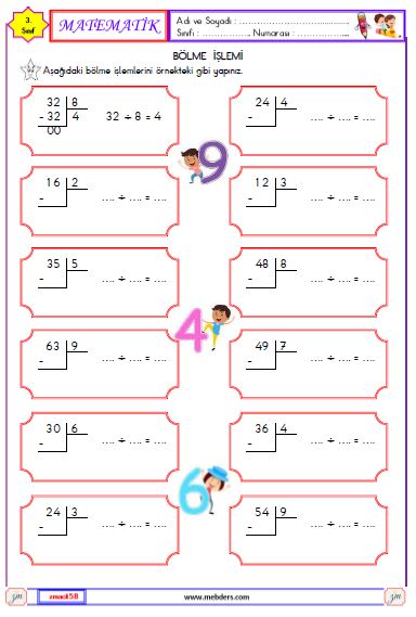 3. Sınıf Matematik  Bölme İşlemi Etkinliği 3