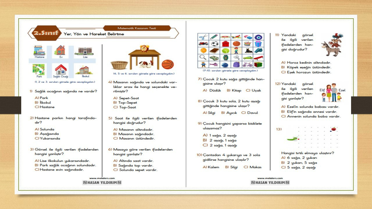 2.Sınıf Matematik Yer, Yön ve Hareket Belirtme Testi