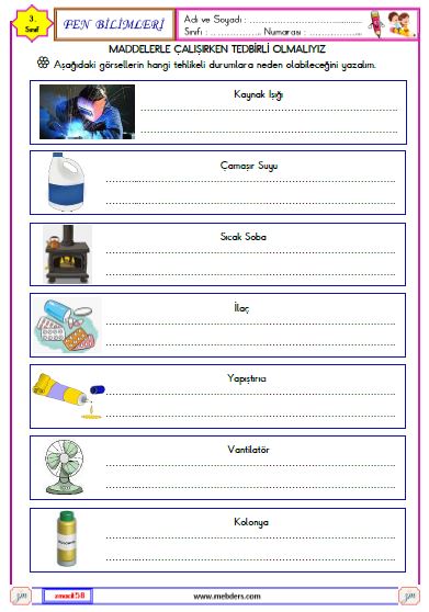 3.Sınıf Fen Bilimleri Maddelerle Çalışırken Tedbirli Olmalıyız Etkinliği 2