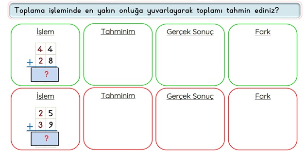 2.Sınıf Matematik Toplama İşlemi-Sonucu Tahmin Etme Etkinliği-2