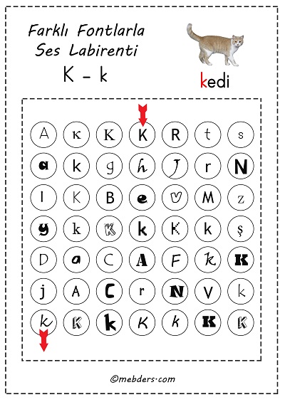 Farklı fontlarla ses labirenti - k sesi