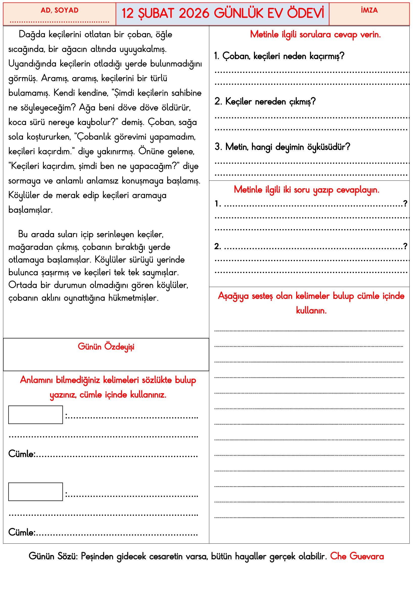 3.Sınıf - 12 Şubat 2026 Günlük Ev Ödevleri