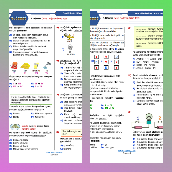 4. Sınıf Fen Bilimleri 2. Dönem Genel Değerlendirme Testi