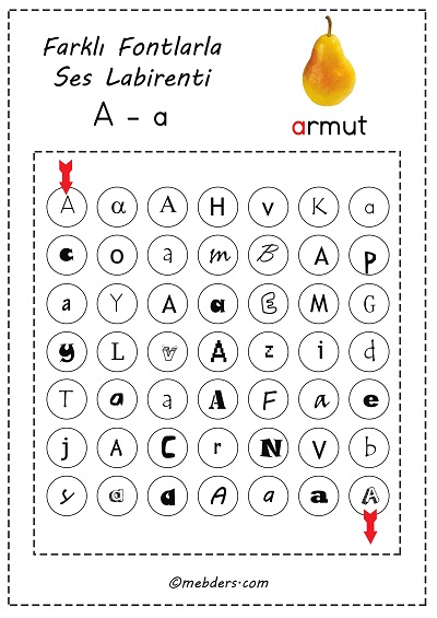 Farklı fontlarla ses labirenti - a sesi