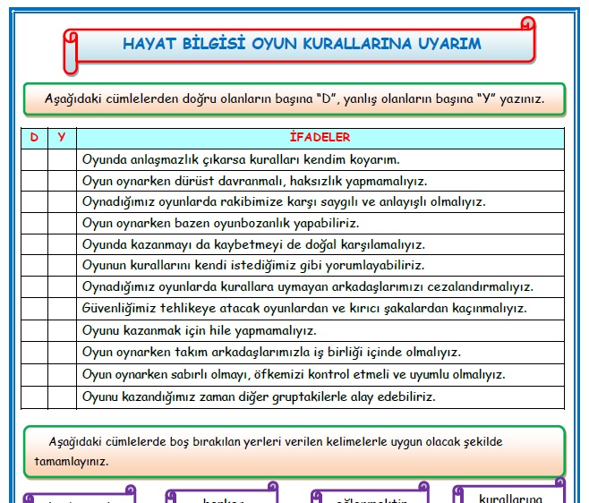 2.Sınıf Hayat Bilgisi Oyun Kurallarına Uyarım Etkinlik Çalışması