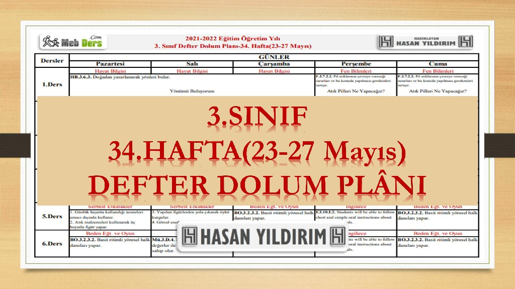 3.Sınıf 34.Hafta(23-27 Mayıs) Defter Dolum Planı