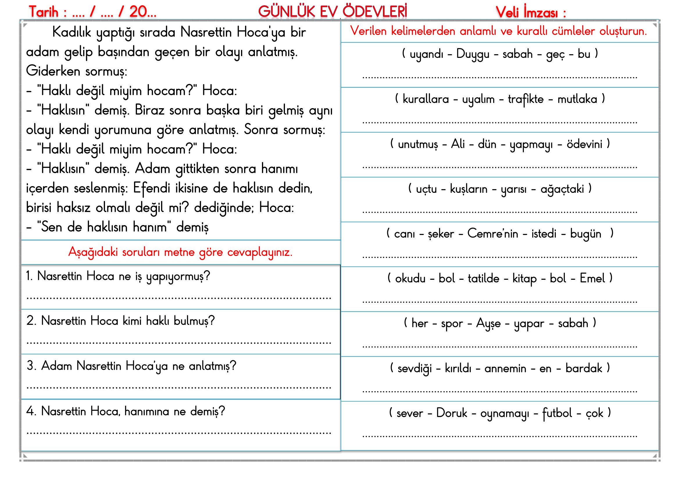 2.Sınıf - 16 Eylül 2026 Günlük Ev Ödevleri