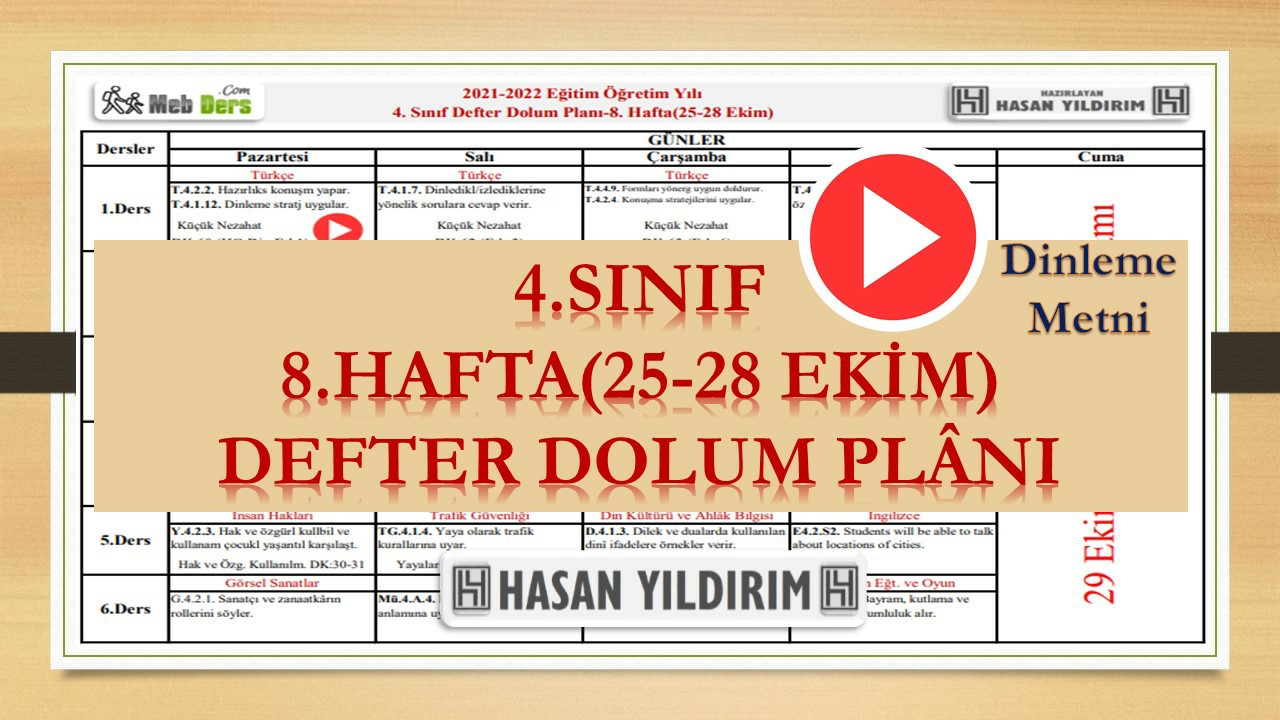 4.Sınıf 8.Hafta(25-28 Ekim) Defter Dolum Planı