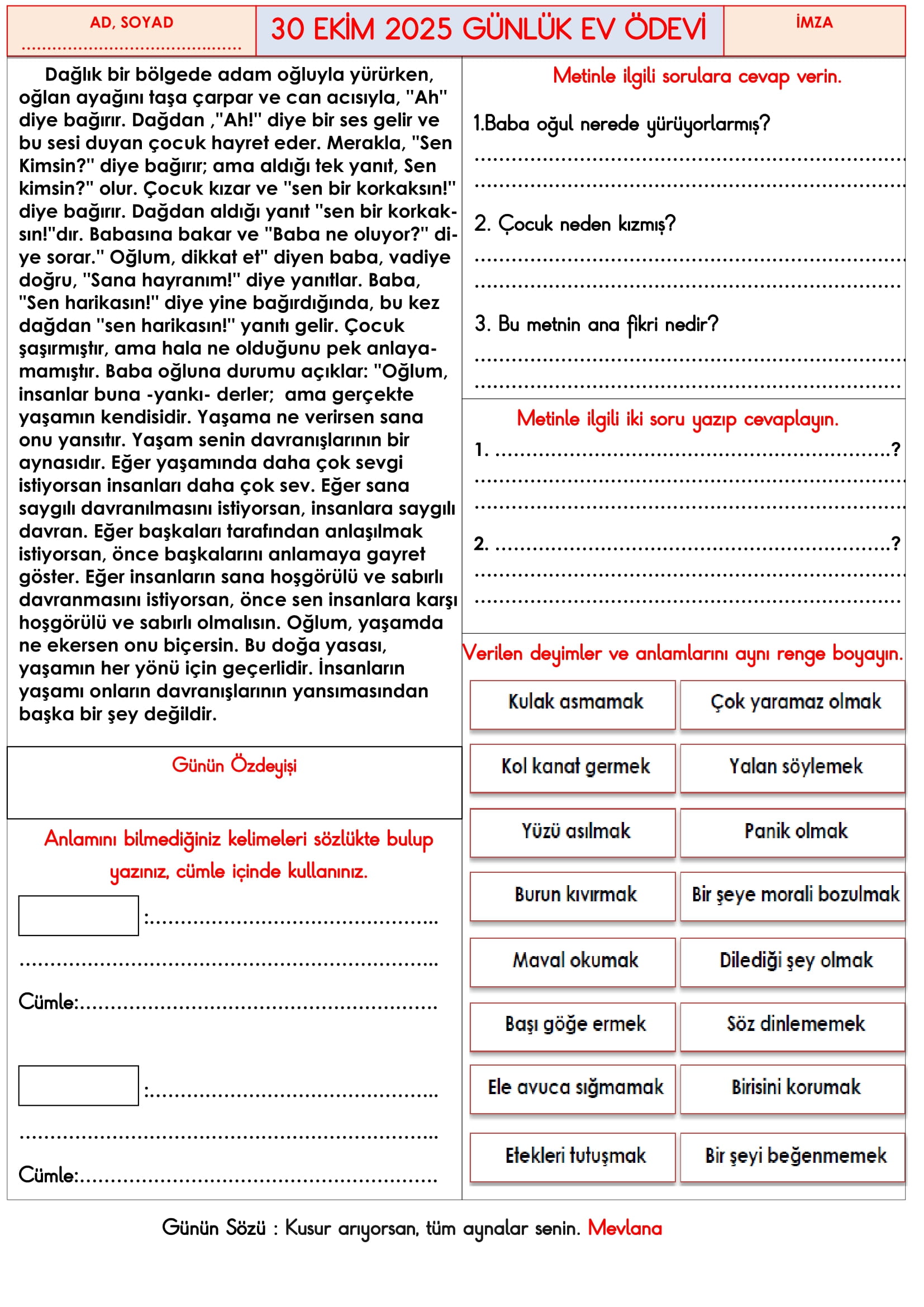 3.Sınıf - 30 Ekim 2025 Günlük Ev Ödevleri