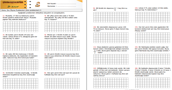 3.Sınıf Matematik Sıvı ölçme  problemleri (litre problemleri) 3