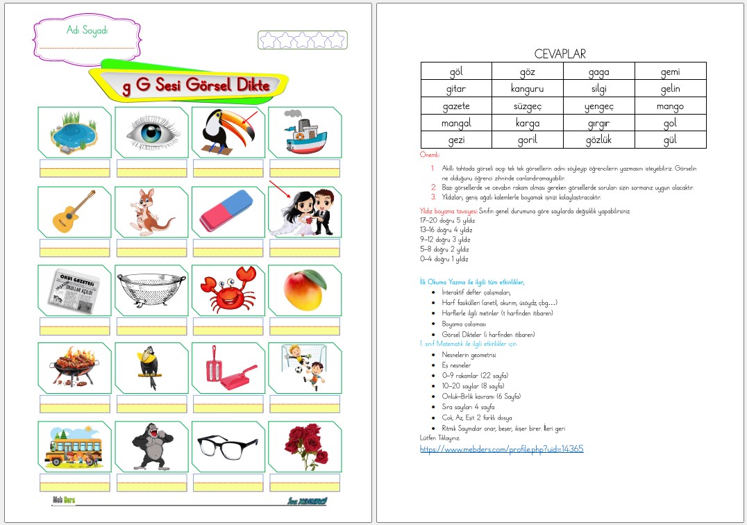 1. Sınıf İlk Okuma Yazma G Sesi GÖRSEL DİKTE